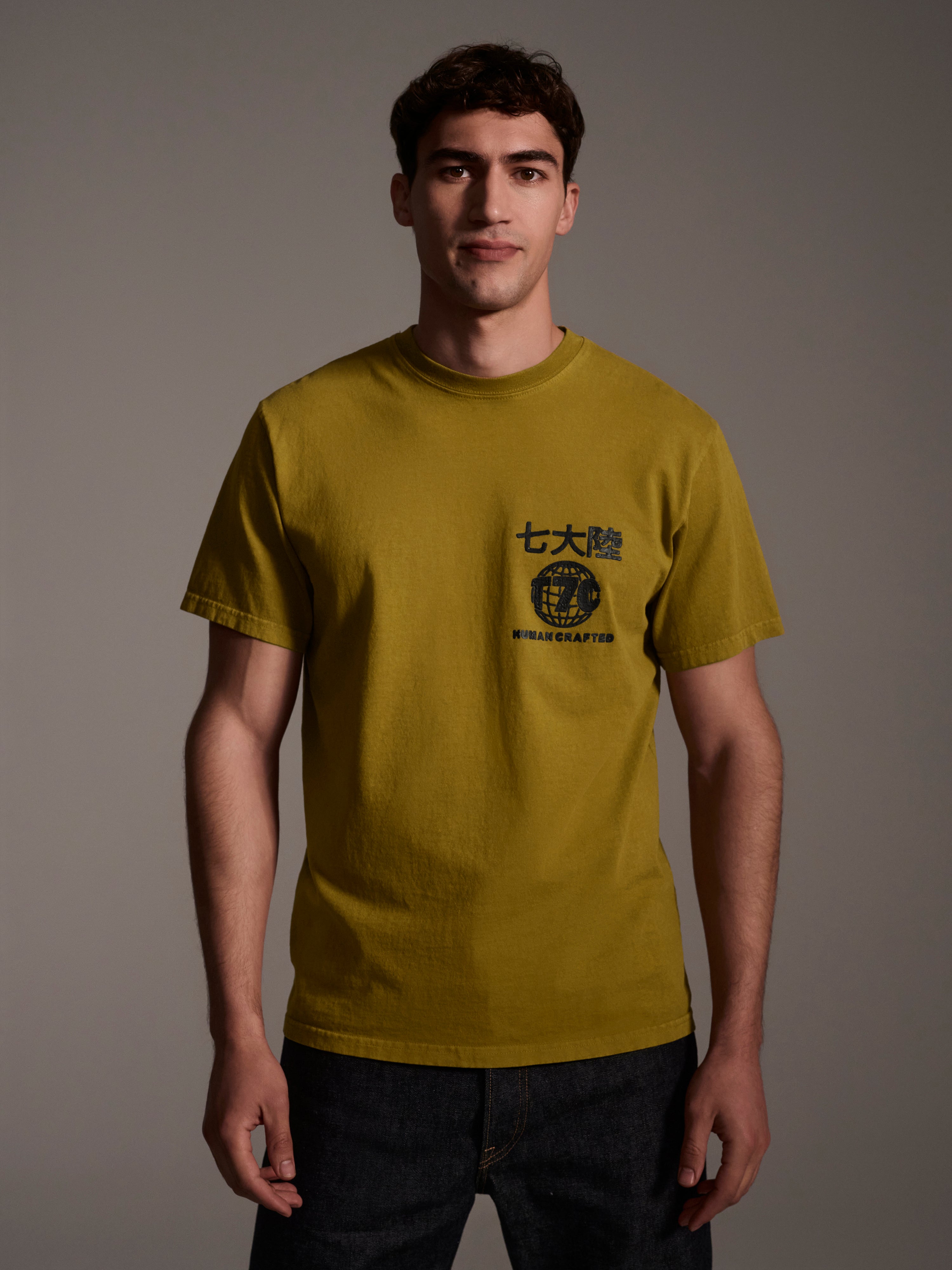 An image of a male model wearing a mustard t-shirt with a logo detail